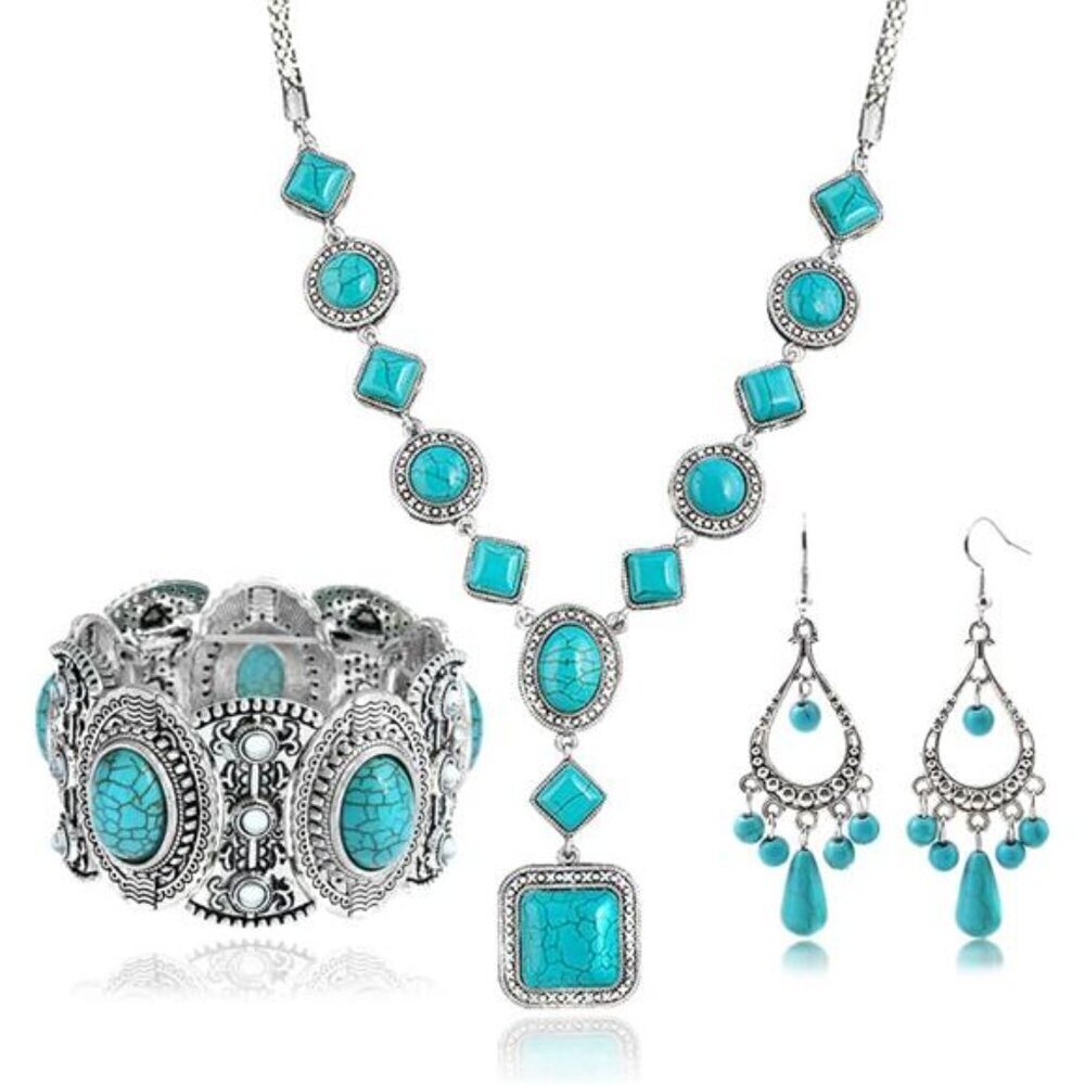 Bohemian Turquoise Necklace Set - Women's Cowgirl Chic Jewelry Set Turquoise